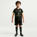 Segunda equipación del Atlético de Madrid 2027 para niños. Uniforme de visitante oficial para los jóvenes aficionados colchoneros.
