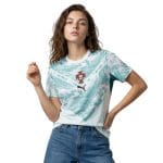 Camiseta de mujer de la segunda equipación de Portugal 2026, vista frontal sobre fondo blanco.