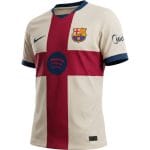 Nueva camiseta del FC Barcelona, cuarta equipación con la cruz de San Jordi. Diseño amarillo con las cuatro barras de la senyera.