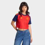 Camiseta de fútbol roja de mujer de la selección española con 2 estrellas bordadas, primera equipación de manga corta.