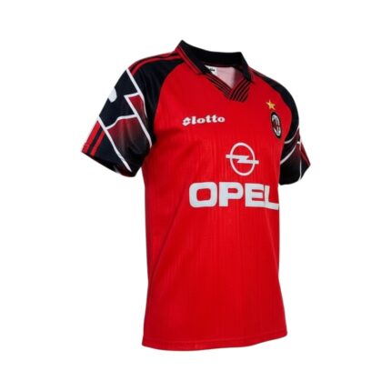 Camiseta retro AC Milan 1997/98 tercera equipación roja — vista frontal en maniquí