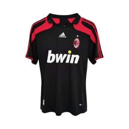 Camiseta retro AC Milan 2007/08 tercera equipación negra y roja — vista frontal en maniquí