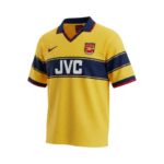 Camiseta retro Arsenal 1997/99 segunda equipación amarilla y azul marino con JVC — vista frontal en maniquí