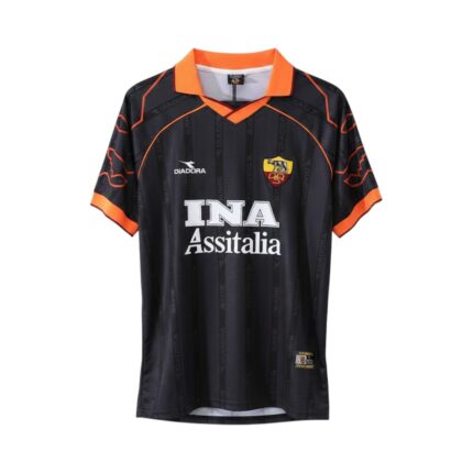Camiseta retro AS Roma 1999/00 segunda equipación negra y naranja — vista frontal en maniquí