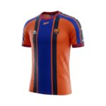 Camiseta retro FC Barcelona 1997/98 segunda equipación naranja y azul — vista frontal en maniquí