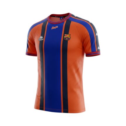 Camiseta retro FC Barcelona 1997/98 segunda equipación naranja y azul — vista frontal en maniquí