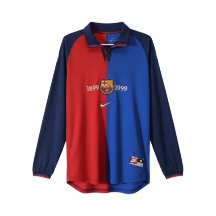 Camiseta retro FC Barcelona 1999/00 primera equipación centenario manga larga — vista frontal en maniquí