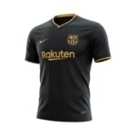 Camiseta retro FC Barcelona 2020/21 segunda equipación negra y dorada — vista frontal en maniquí
