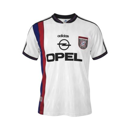 Camiseta retro del Bayern de Múnich de la temporada 1996/98, segunda equipación en color blanco. — vista frontal en maniquí
