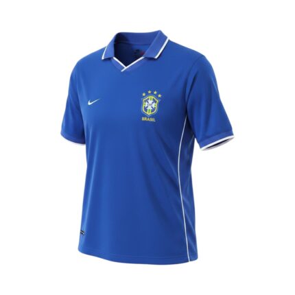 Camiseta retro Brasil 1997 segunda equipación azul — vista frontal en maniquí