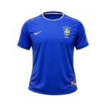 Camiseta retro azul de la selección de Brasil, segunda equipación, con logo Nike y escudo CBF. — vista frontal en maniquí