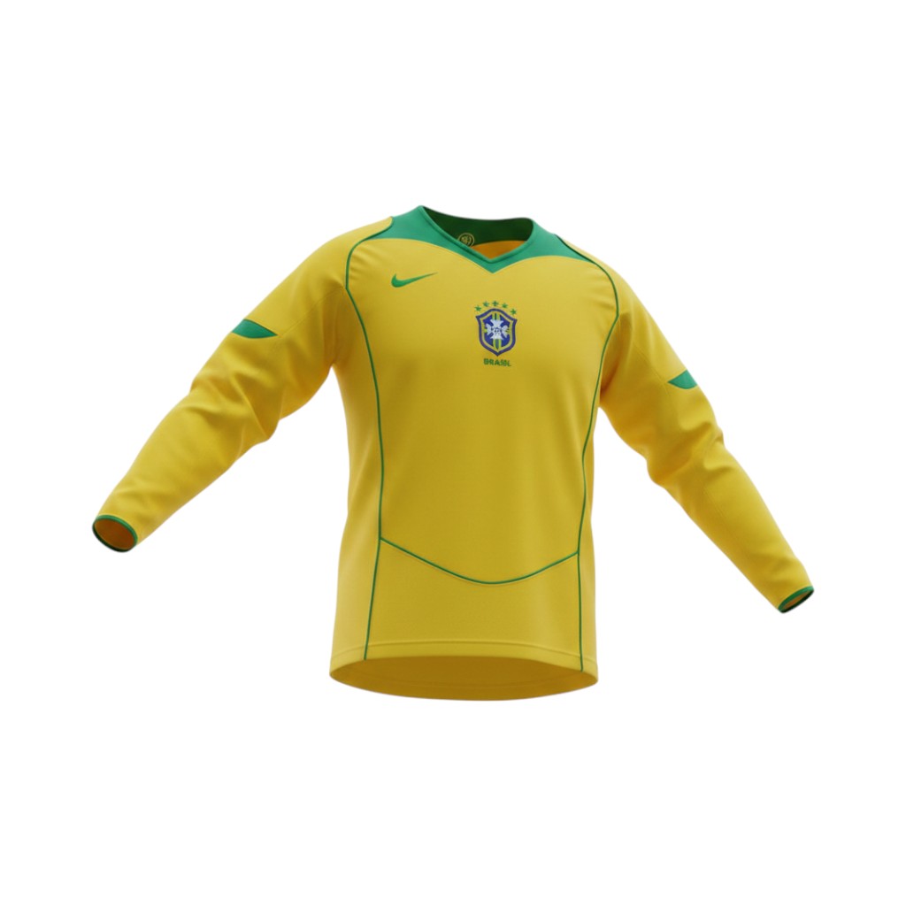 camiseta-retro-brasil-2004-primera-equipacion-manga-larga-01 Camiseta retro de la selección de Brasil de la temporada 2004, primera equipación y manga larga. — vista frontal en maniquí