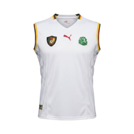 Camiseta retro Camerún 2002, segunda equipación, sin mangas. — vista frontal en maniquí