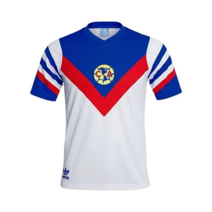 Camiseta retro Club América 1987 segunda equipación, diseño Adidas azul y blanco con detalles rojos. — vista frontal en maniquí