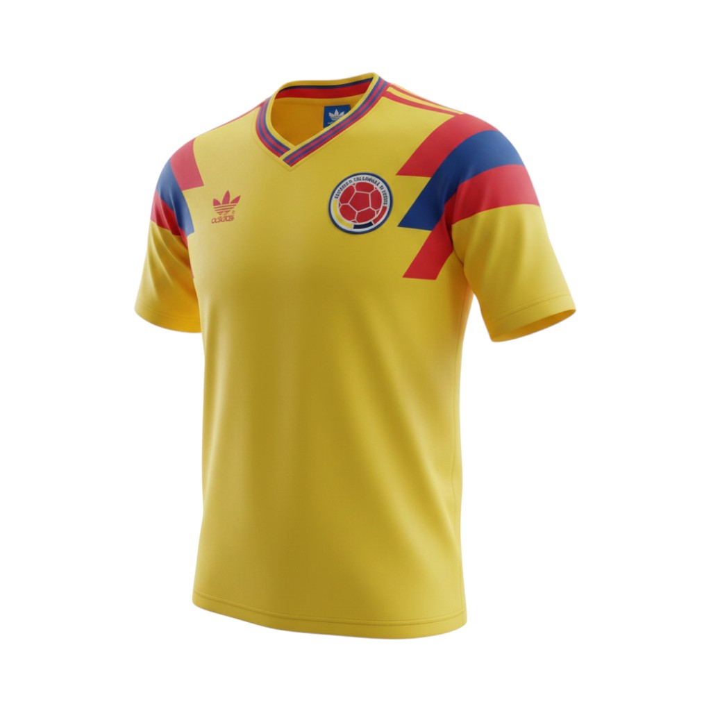 camiseta-retro-colombia-1990-primera-equipacion-01 Camiseta retro Colombia 1990, primera equipación, amarilla con detalles rojos y azules. — vista frontal en maniquí