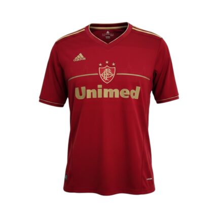 Camiseta retro Fluminense 2012 tercera equipación granate y dorada — vista frontal en maniquí