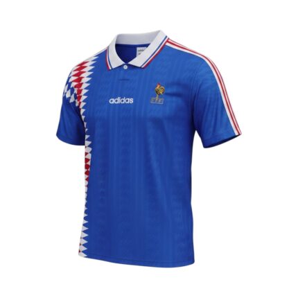 Camiseta retro Francia 1994 primera equipación, azul con patrón de rombos. — vista frontal en maniquí