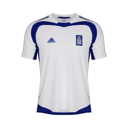 Camiseta retro Grecia 2004 segunda equipación blanca y azul — vista frontal en maniquí