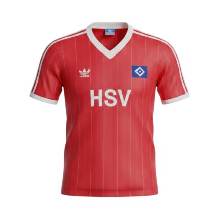 Camiseta retro Hamburgo SV 1983/84 segunda equipación roja con rayas blancas — vista frontal en maniquí