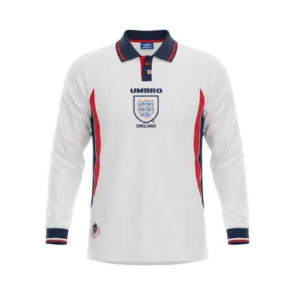 Camiseta retro de fútbol de Inglaterra de la temporada 1998, primera equipación y manga larga. — vista frontal en maniquí
