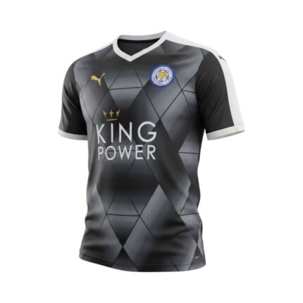 Camiseta retro del Leicester City de la temporada 2015/2016, segunda equipación en negro y gris. — vista frontal en maniquí