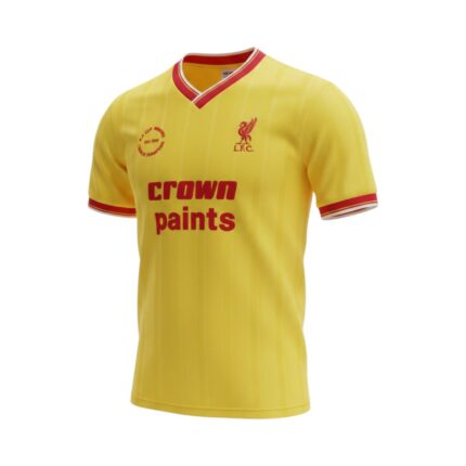 Camiseta retro amarilla del Liverpool de la temporada 1985/86, tercera equipación. — vista frontal en maniquí