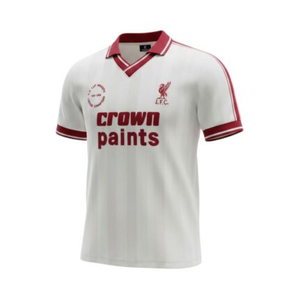 Camiseta retro Liverpool 1986-1987 tercera equipación blanca Crown Paints con escudo de doblete. — vista frontal en maniquí