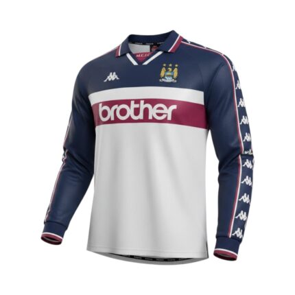 Camiseta retro Manchester City 1997/98 Segunda Equipación manga larga — vista frontal en maniquí