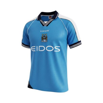 Camiseta retro Manchester City 1999/01 primera equipación — vista frontal en maniquí