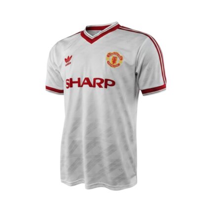 Camiseta retro del Manchester United, segunda equipación, temporadas 1986-1988. — vista frontal en maniquí