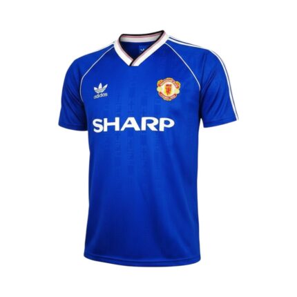 Camiseta retro Manchester United 1988/90 tercera equipación azul — vista frontal en maniquí
