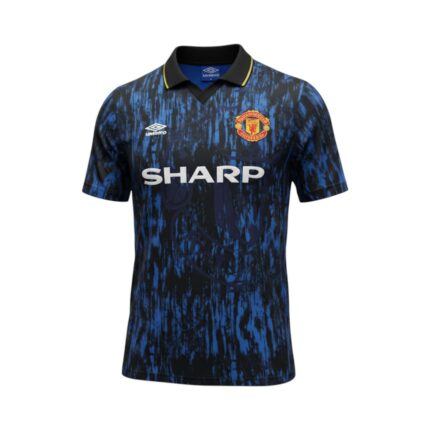 Camiseta retro Manchester United 1993-94 tercera equipación negra y azul — vista frontal en maniquí