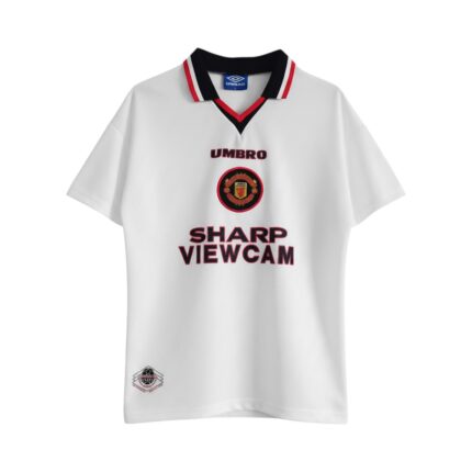 Camiseta retro Manchester United 1996/97 segunda equipación blanca — vista frontal en maniquí