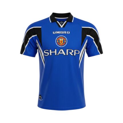 Camiseta retro Manchester United 1996/98 tercera equipación azul — vista frontal en maniquí