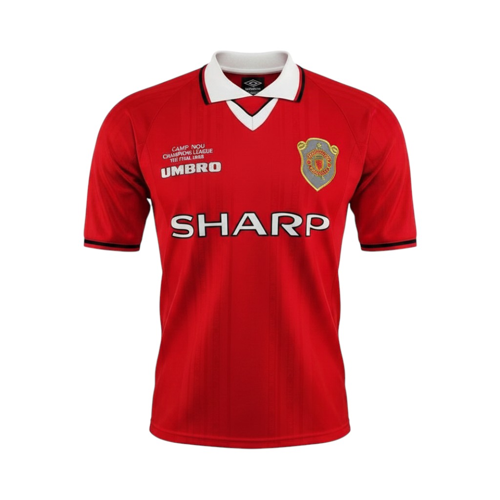 camiseta-retro-manchester-united-1998-99-primera-equipacion-01 Camiseta retro Manchester United 1998/99 Primera Equipación Champions League Final — vista frontal en maniquí