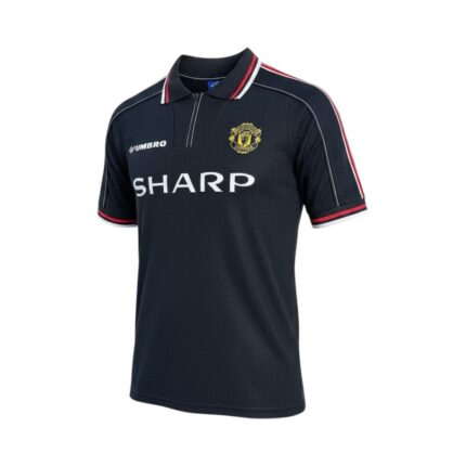 Camiseta retro Manchester United 1998/99 segunda equipación negra — vista frontal en maniquí
