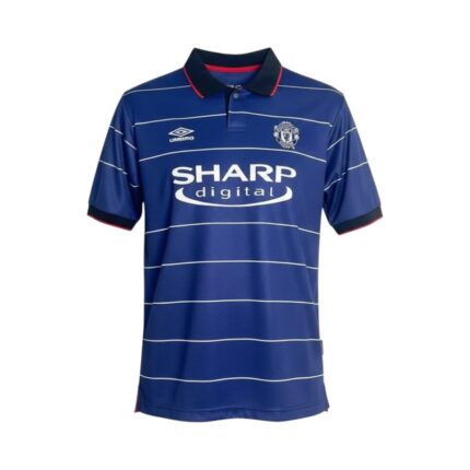 Camiseta retro Manchester United 1999/00 tercera equipación azul marino — vista frontal en maniquí