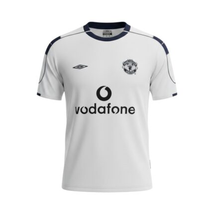 Camiseta retro Manchester United 2000/01 segunda equipación blanca — vista frontal en maniquí