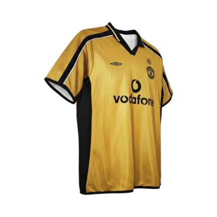 Camiseta retro Manchester United 2001/02 tercera equipación centenario Umbro Vodafone — vista frontal en maniquí