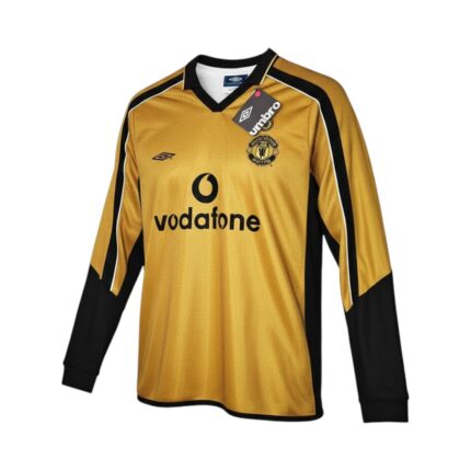 Camiseta retro Manchester United 2001/02 tercera equipación manga larga, color oro y negro — vista frontal en maniquí