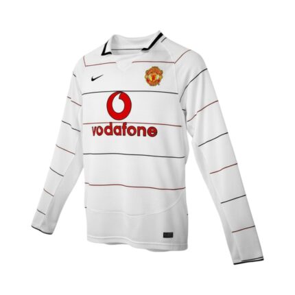 Camiseta retro Manchester United 2003/04 tercera equipación manga larga blanca — vista frontal en maniquí