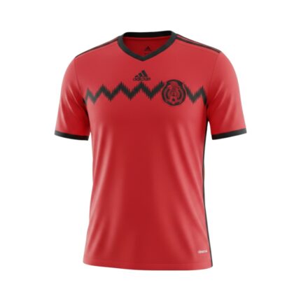 Camiseta retro de la segunda equipación de México de la temporada 2014, color rojo con diseño de zigzag. — vista frontal en maniquí