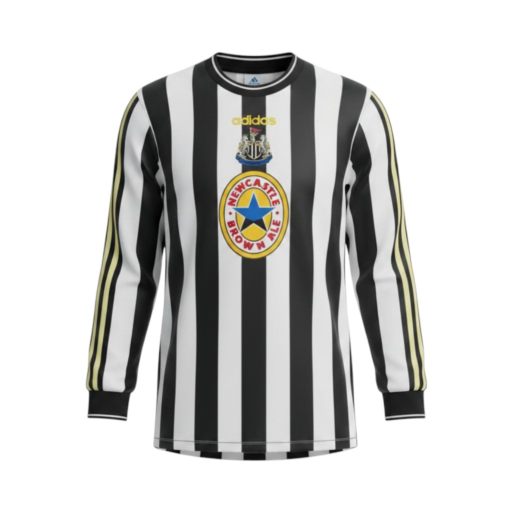 camiseta-retro-newcastle-1997-99-primera-equipacion-manga-larga-01 Camiseta retro Newcastle United 1997/99 primera equipación manga larga — vista frontal en maniquí