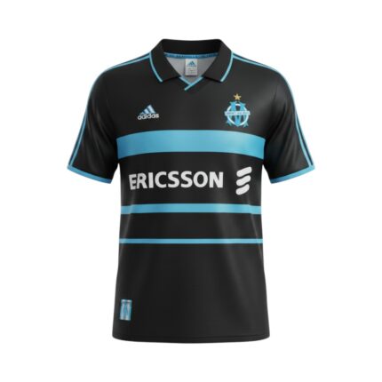 Camiseta retro Olympique de Marsella 1999/00 tercera equipación negra y celeste — vista frontal en maniquí