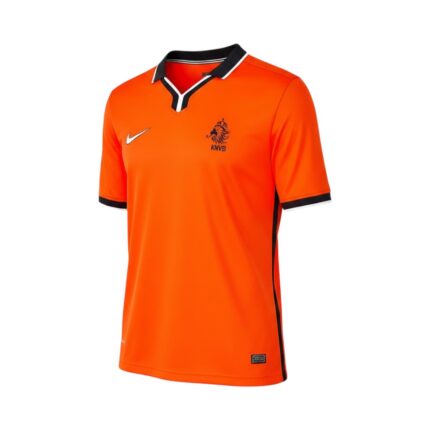 Camiseta retro Países Bajos 1998, primera equipación naranja con cuello polo. — vista frontal en maniquí