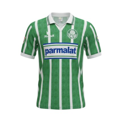 Camiseta retro Palmeiras 1994, primera equipación, rayas verdes y blancas, sponsor Parmalat. — vista frontal en maniquí