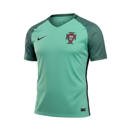 Camiseta retro de la segunda equipación de Portugal de la temporada 2016, color turquesa. — vista frontal en maniquí