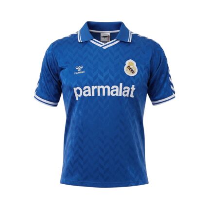 Camiseta retro Real Madrid 1986/87 segunda equipación azul — vista frontal en maniquí