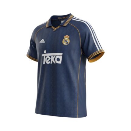Camiseta retro Real Madrid 1998/00 tercera equipación azul marino — vista frontal en maniquí