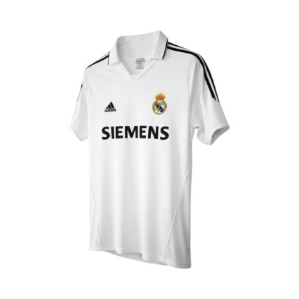 Camiseta retro Real Madrid 2005/06, primera equipación, blanca con sponsor Siemens. — vista frontal en maniquí